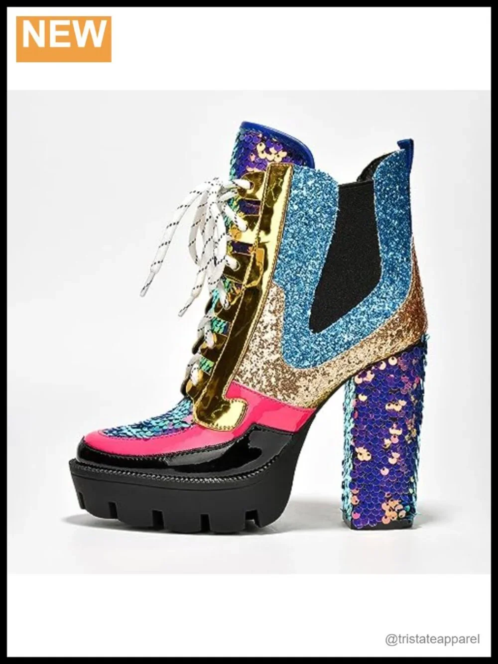 Glitter Rhinestone Cowboy Booties - Women's Pointed Toe Lace-Up Block Heel
